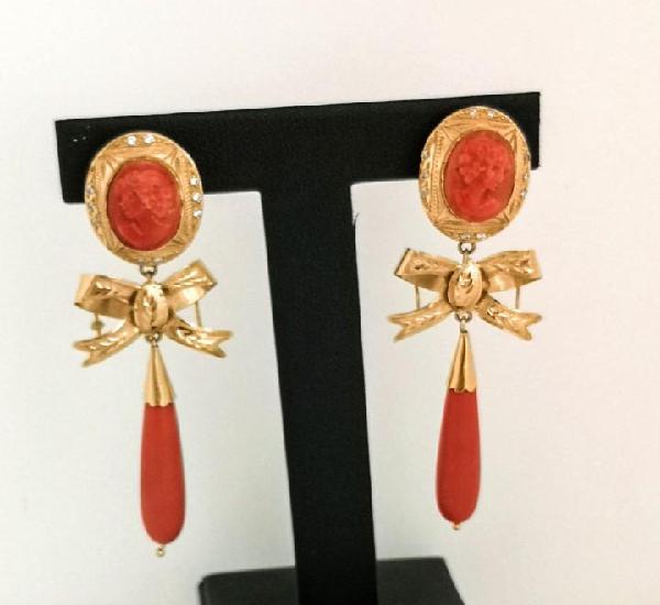 Vintage pendientes lazo camafeos oro 18k coral circonitas