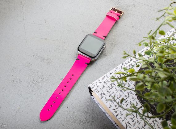 Cuero rosa neón cuero genuino banda de reloj de apple de |