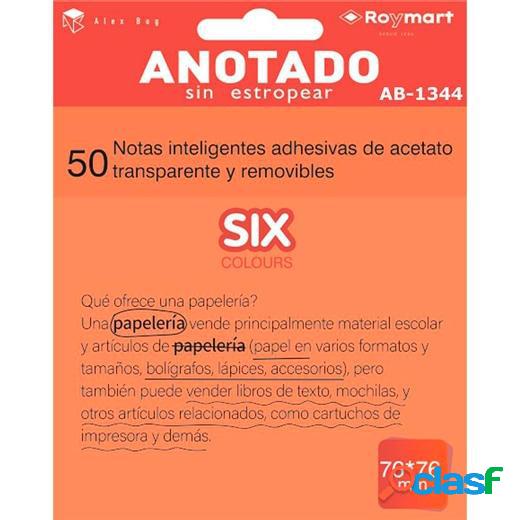 Roymart bloc notas adhesivas inteligentes removibles transparentes 50h 76x76mm acetato naranja flúor