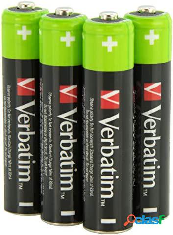 VERBATIM Pilas Recargables AAA Premium Pack 4 Pilas - 1.2V 950mAh - Pilas NiMH HR03 Recargables - Baja autodescarga - Baterías Mignon precargadas para Controladores, Juguetes, cámaras, etc
