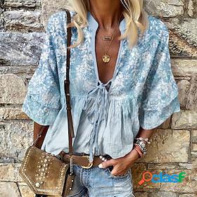 Women's shirt blouse pink blue purple lace up print floral casual holiday 3/4 length sleeve v neck daily regular fit floral spring fall Women's shirt blouse pink blue purple lace up print floral casual holiday 3/4 length sleeve v neck daily regular fit floral spring fall