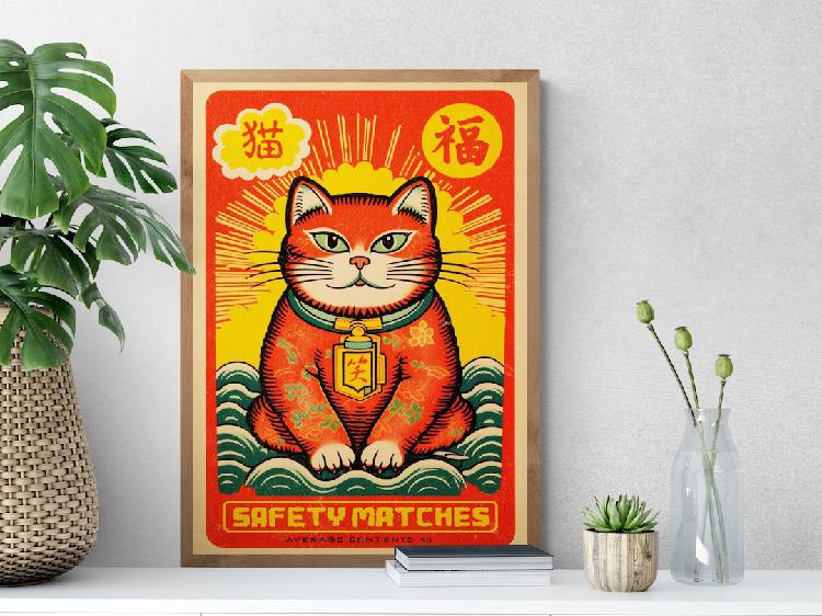 Vintage Lucky Cat Print / Colorido arte retro Matchbox / -